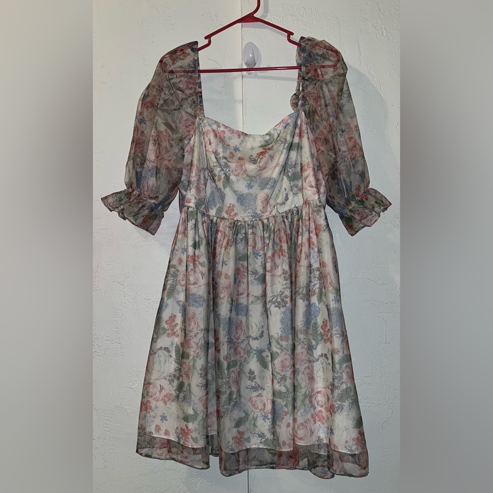 SHEIN CURVE Rose Floral Puff Sleeve Organza Overlay Babydoll Dress